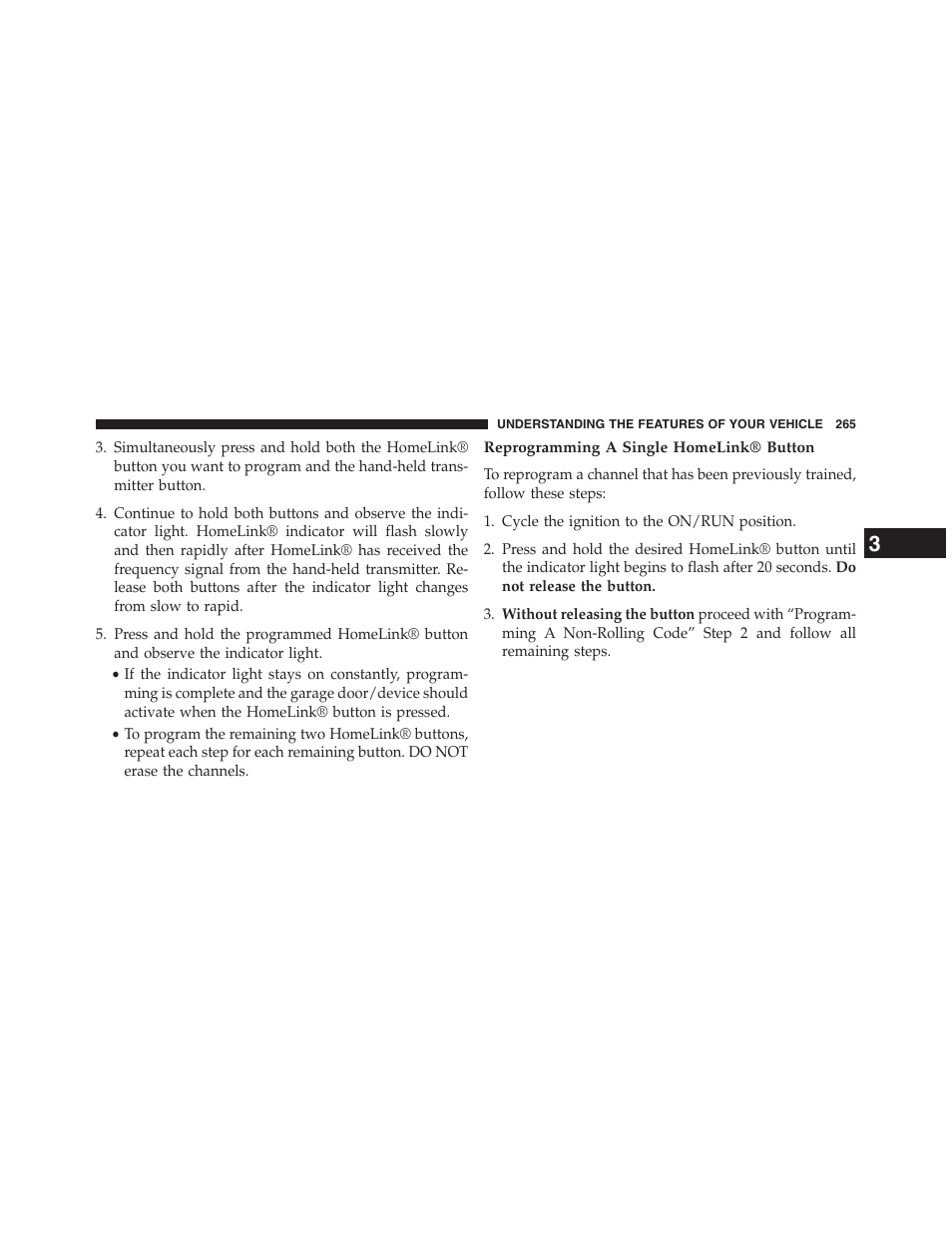 Reprogramming a single homelink® button | Jeep 2013 Grand Cherokee - Owner Manual User Manual | Page 267 / 704