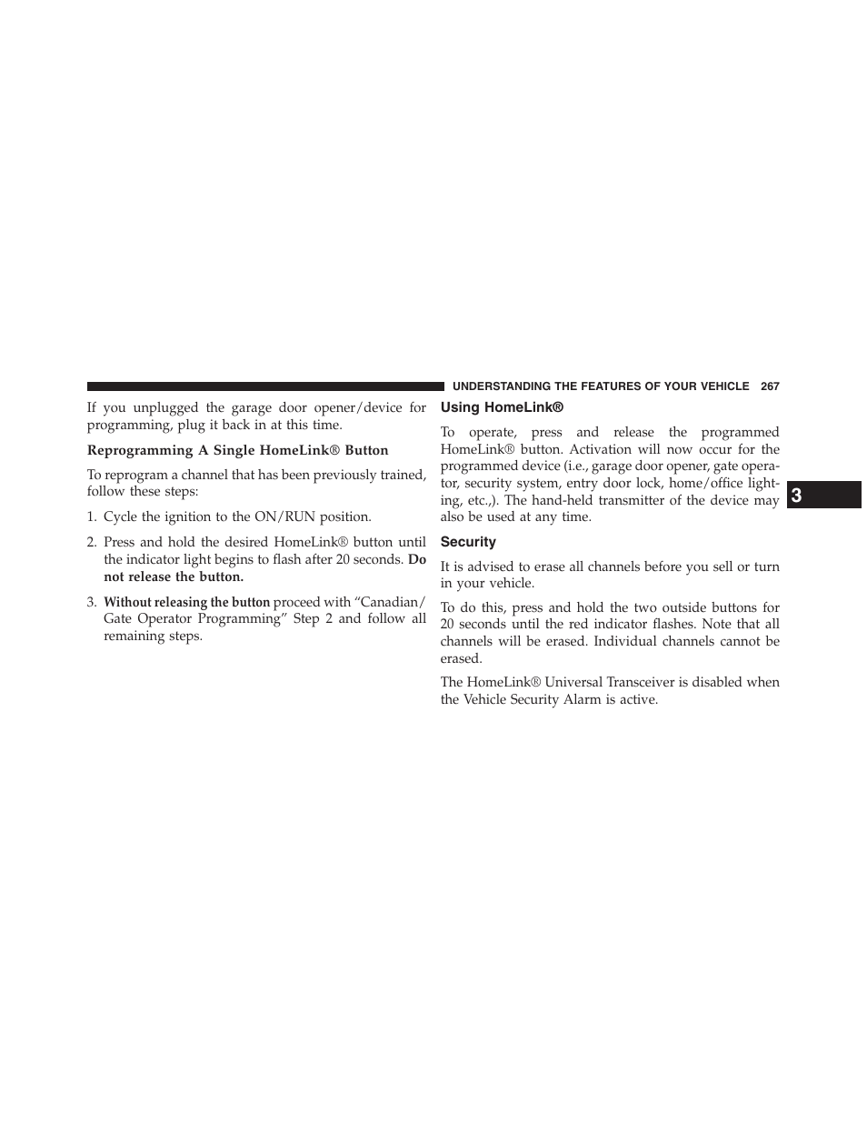 Reprogramming a single homelink® button, Using homelink, Security | Jeep 2013 Grand Cherokee - Owner Manual User Manual | Page 269 / 704