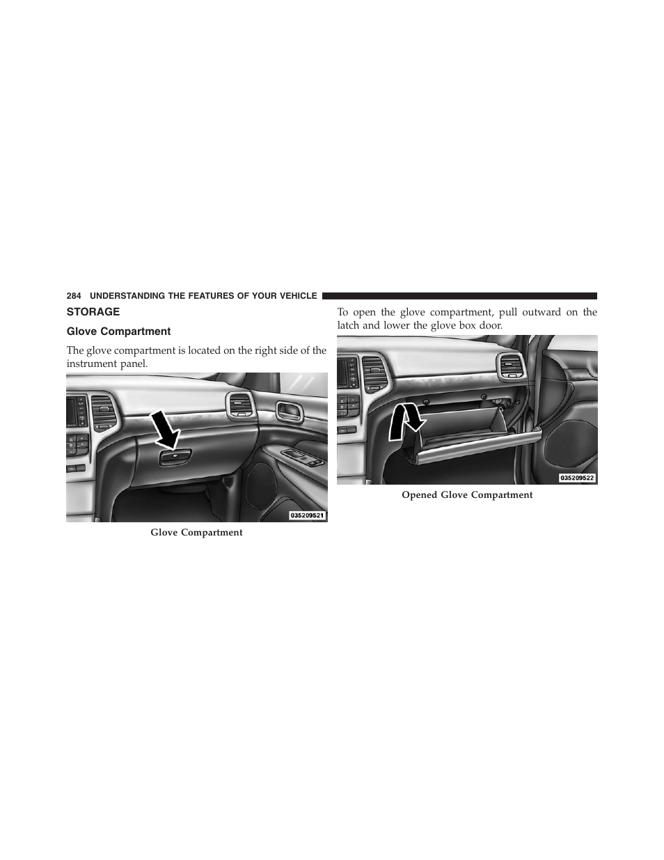 Storage, Glove compartment | Jeep 2013 Grand Cherokee - Owner Manual User Manual | Page 286 / 704