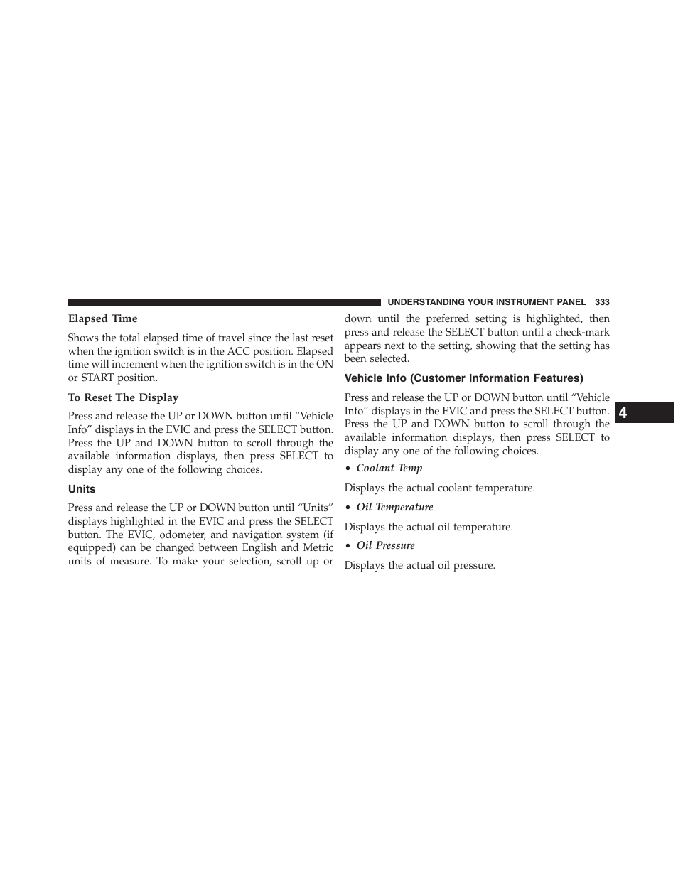 Elapsed time, To reset the display, Units | Vehicle info (customer information features) | Jeep 2013 Grand Cherokee - Owner Manual User Manual | Page 335 / 704