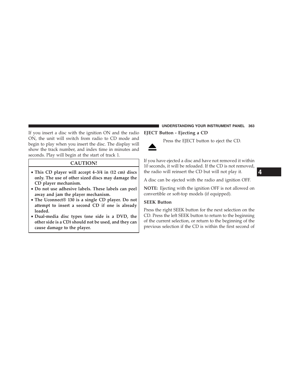 Eject button - ejecting a cd, Seek button | Jeep 2013 Grand Cherokee - Owner Manual User Manual | Page 365 / 704