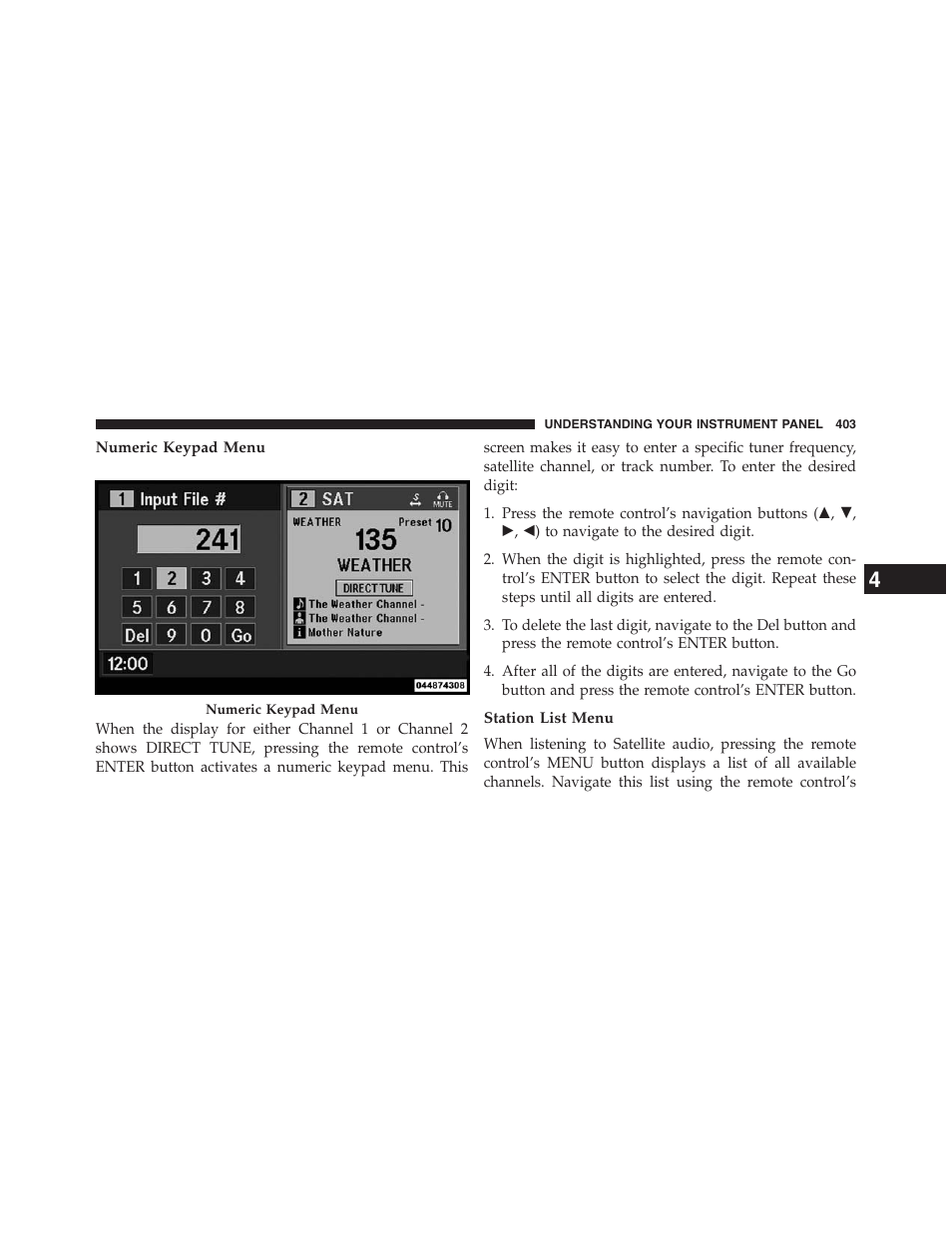 Numeric keypad menu, Station list menu | Jeep 2013 Grand Cherokee - Owner Manual User Manual | Page 405 / 704