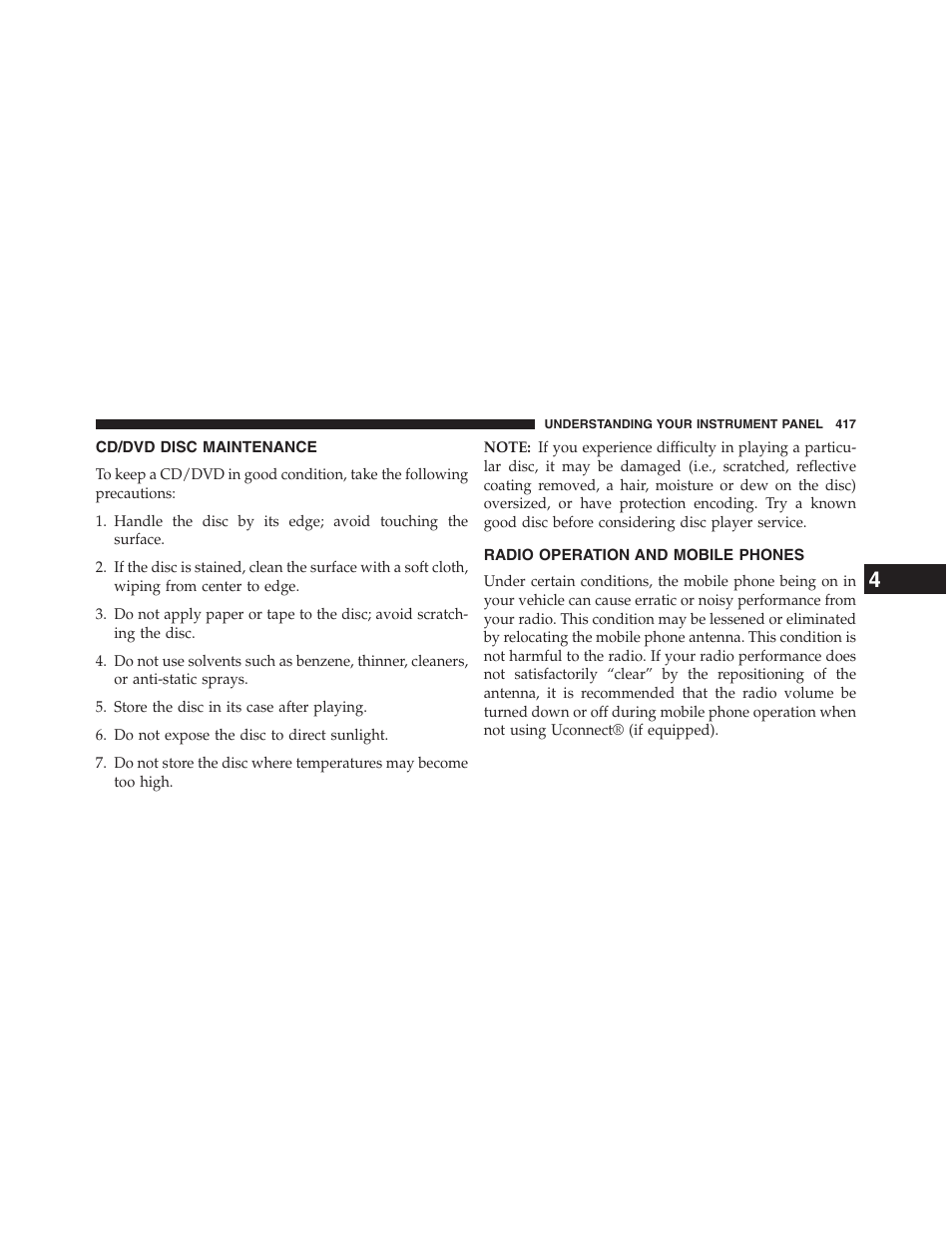 Cd/dvd disc maintenance, Radio operation and mobile phones | Jeep 2013 Grand Cherokee - Owner Manual User Manual | Page 419 / 704