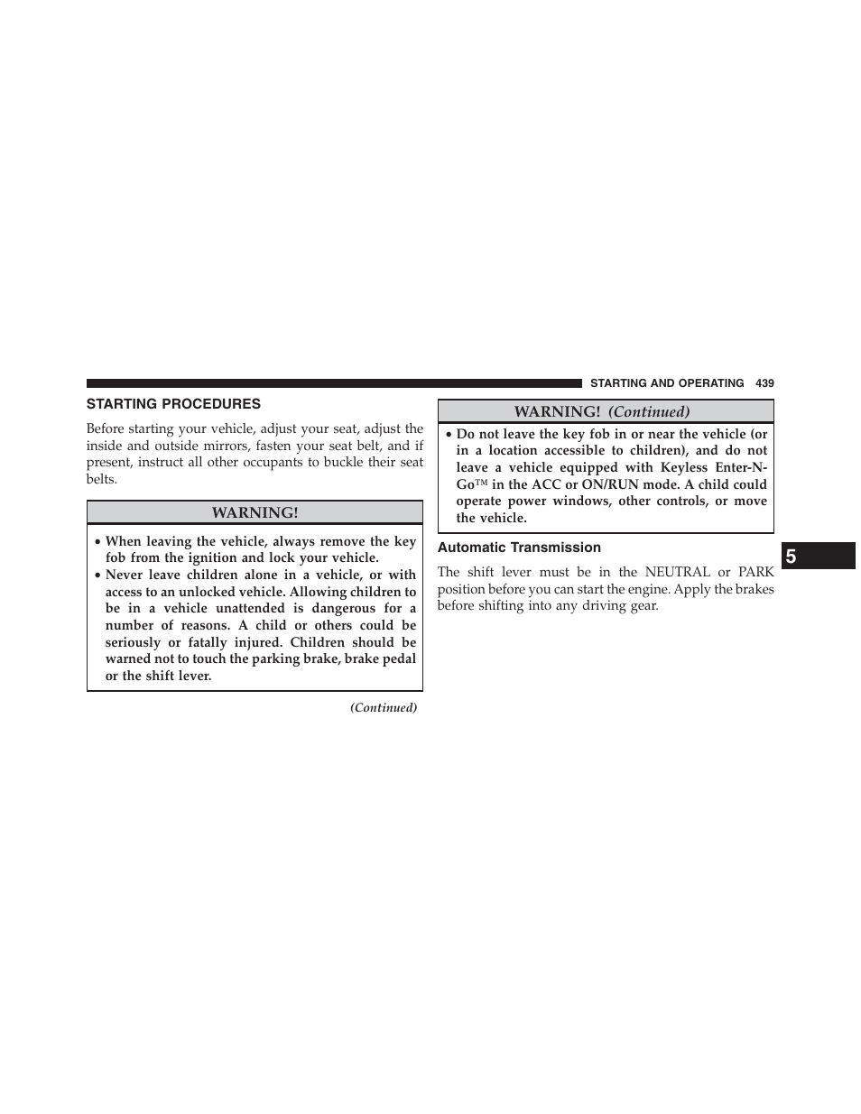 Starting procedures, Automatic transmission | Jeep 2013 Grand Cherokee - Owner Manual User Manual | Page 441 / 704