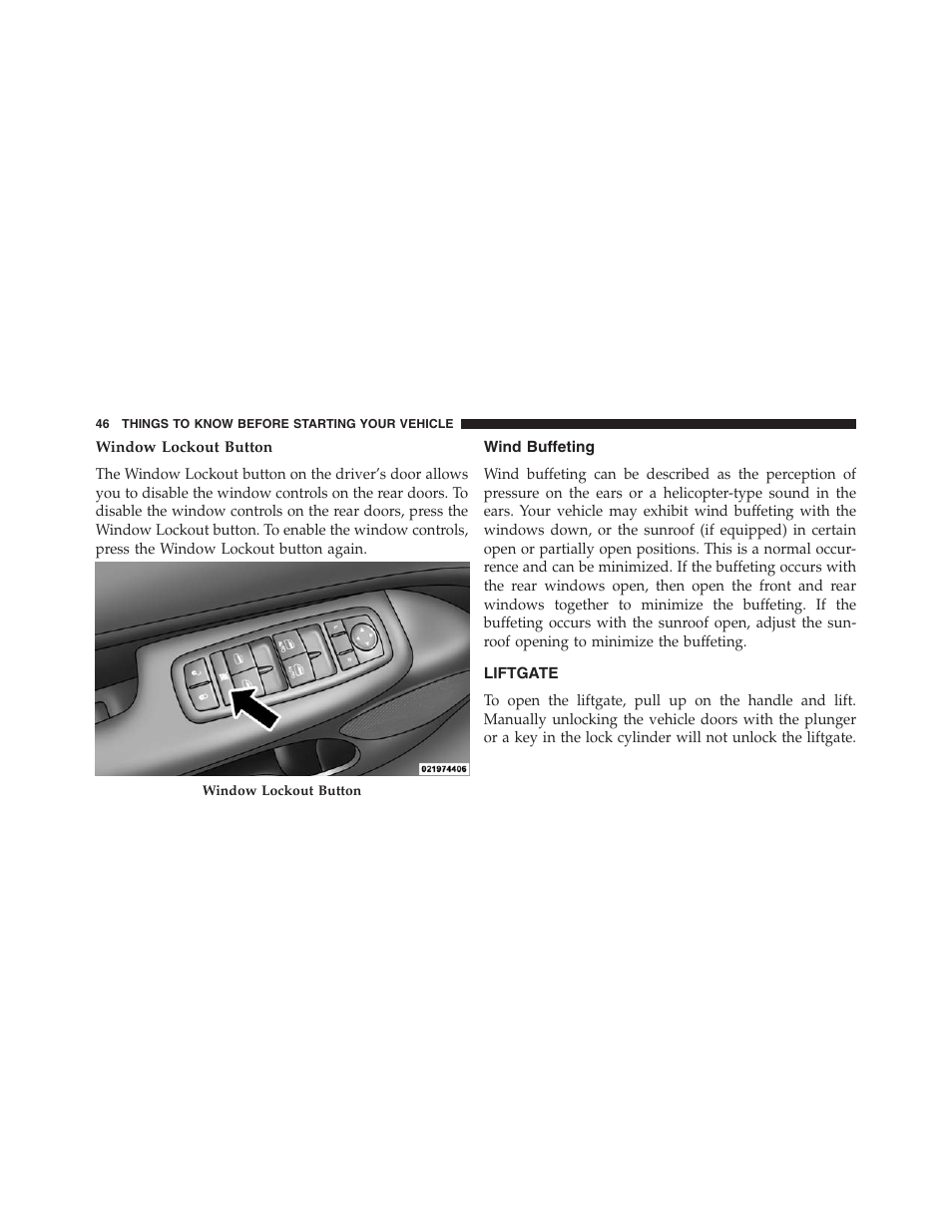 Window lockout button, Wind buffeting, Liftgate | Jeep 2013 Grand Cherokee - Owner Manual User Manual | Page 48 / 704