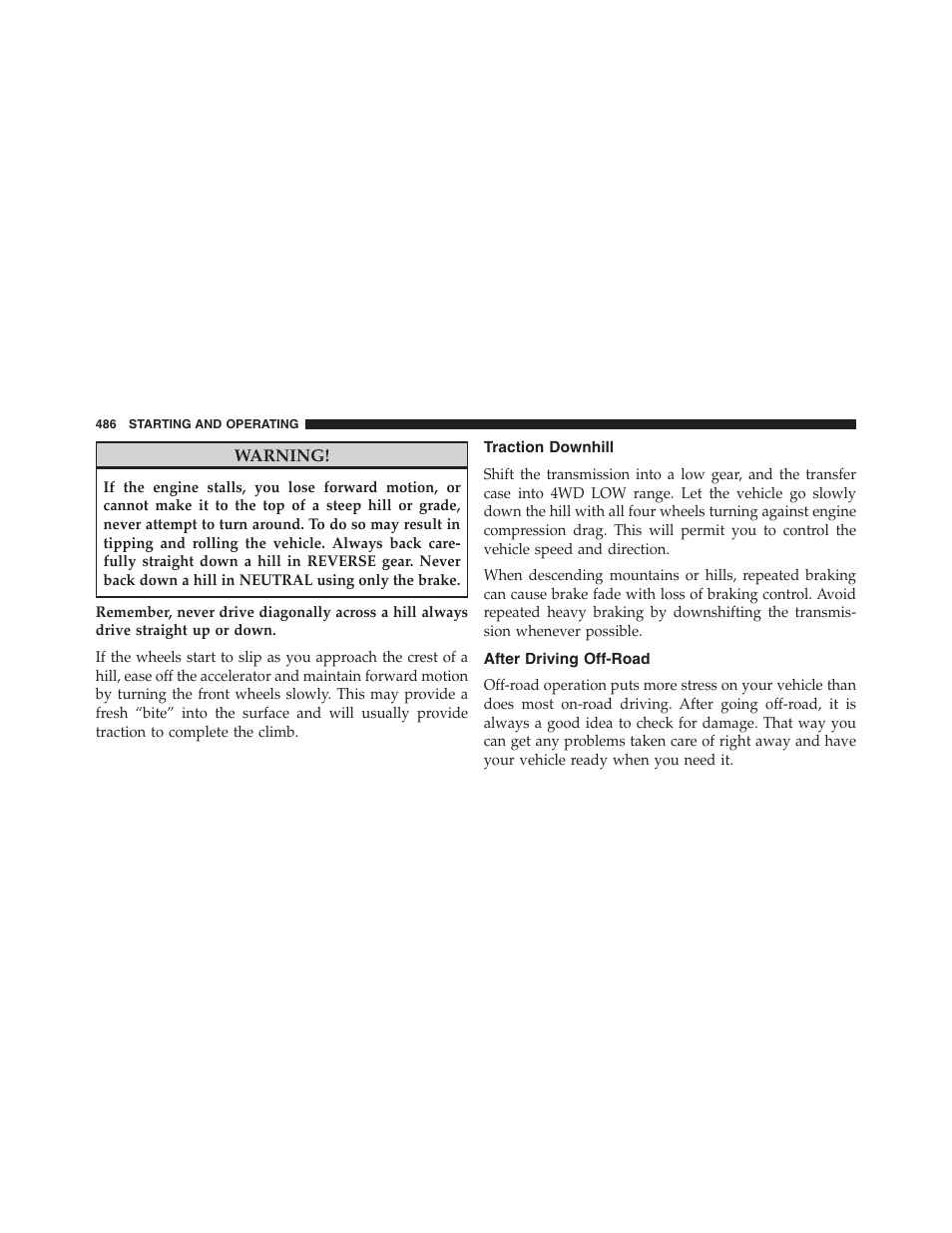 Traction downhill, After driving off-road | Jeep 2013 Grand Cherokee - Owner Manual User Manual | Page 488 / 704