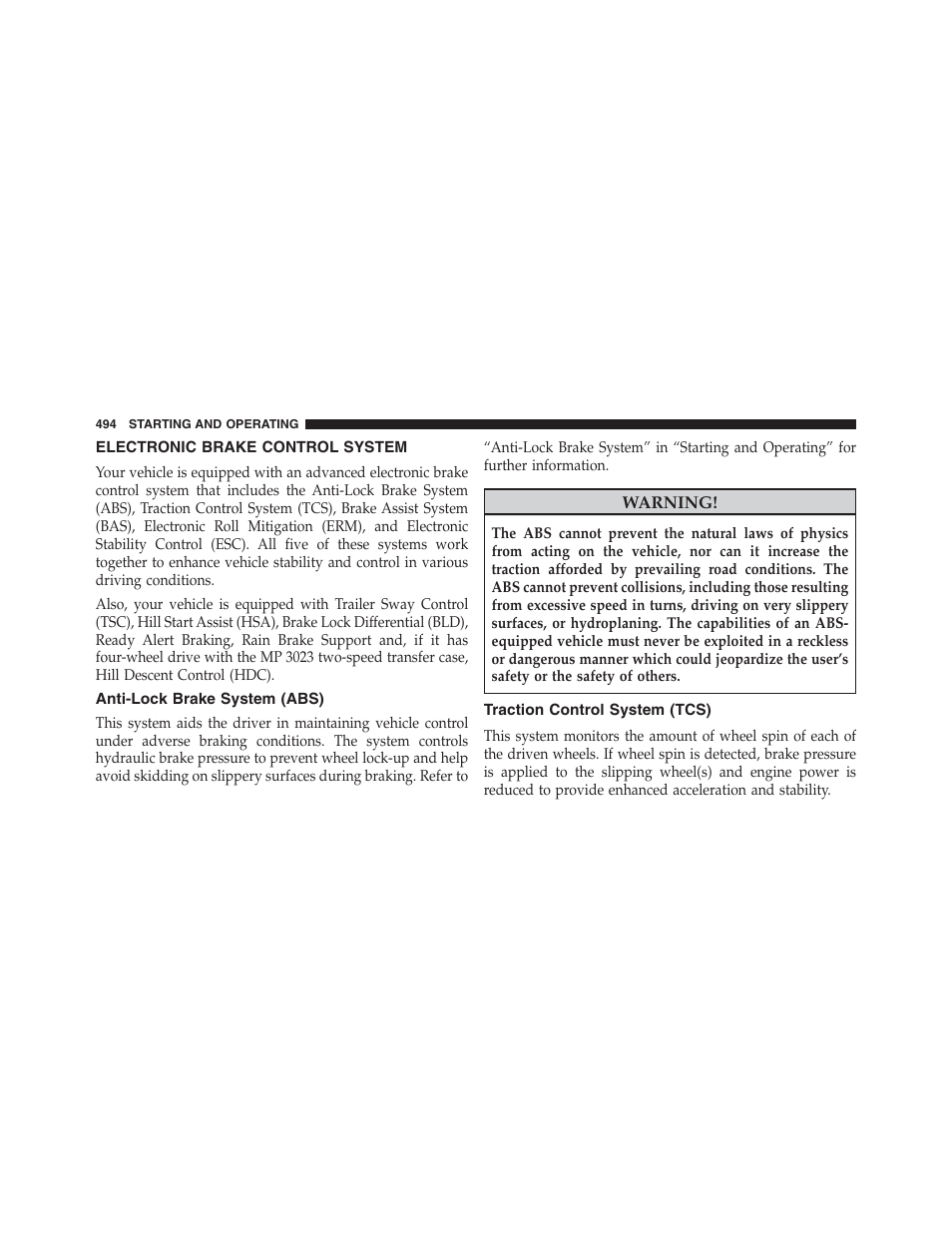 Electronic brake control system, Anti-lock brake system (abs), Traction control system (tcs) | Jeep 2013 Grand Cherokee - Owner Manual User Manual | Page 496 / 704