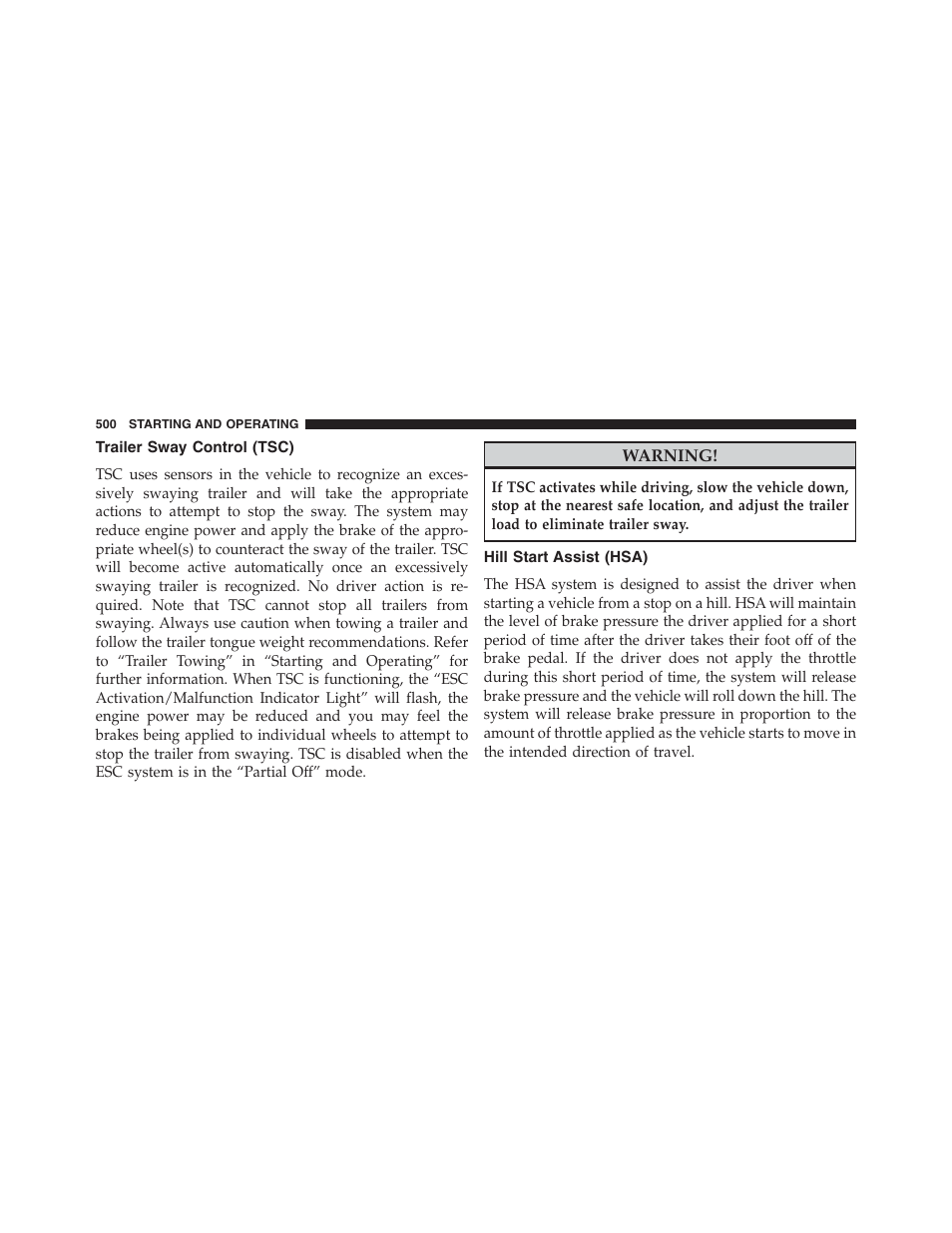 Trailer sway control (tsc), Hill start assist (hsa) | Jeep 2013 Grand Cherokee - Owner Manual User Manual | Page 502 / 704