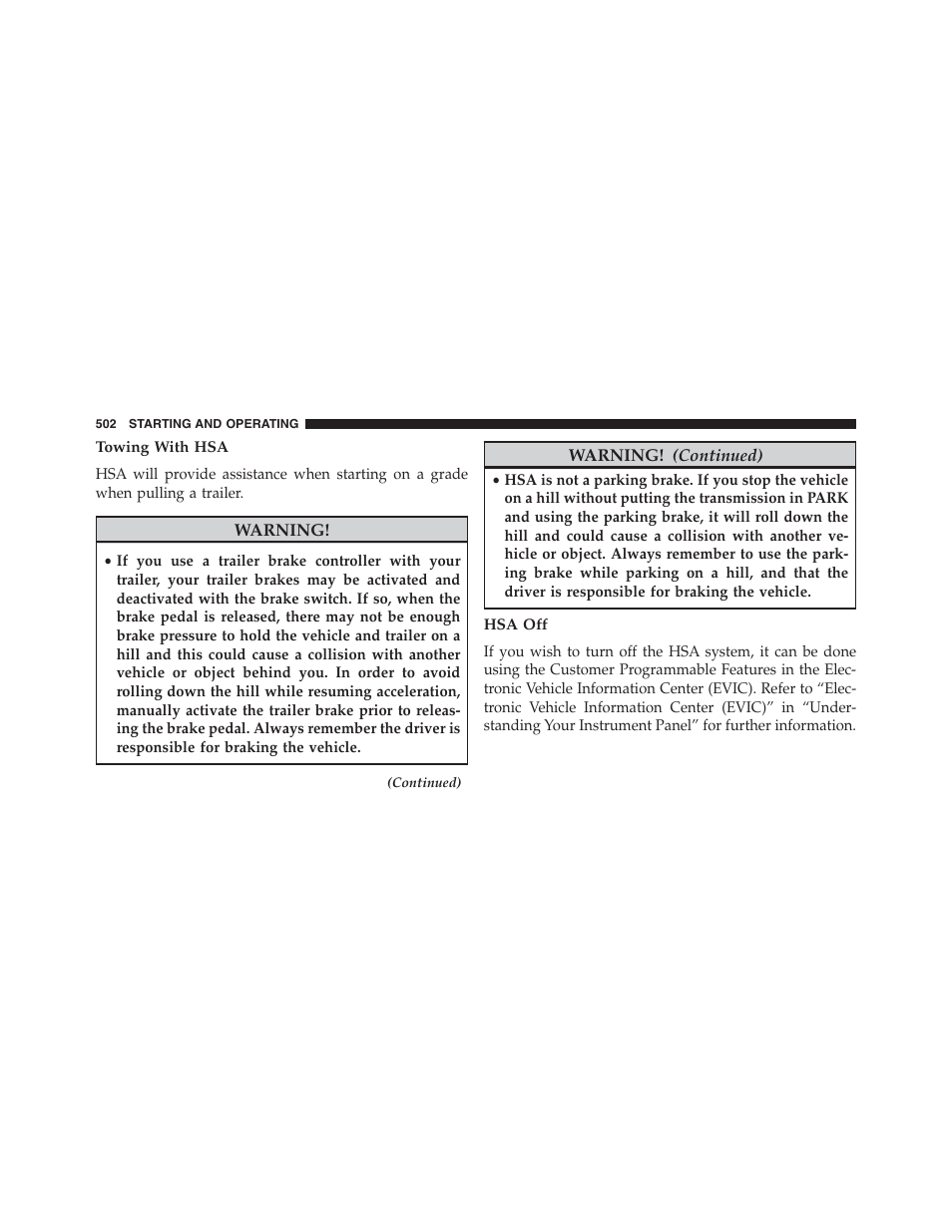 Towing with hsa, Hsa off | Jeep 2013 Grand Cherokee - Owner Manual User Manual | Page 504 / 704