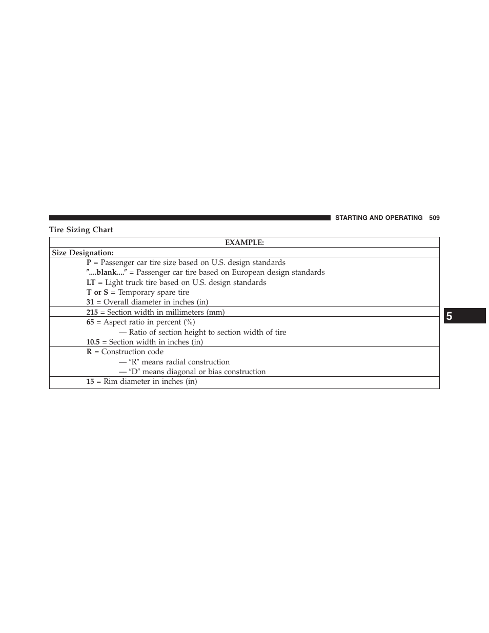 Tire sizing chart | Jeep 2013 Grand Cherokee - Owner Manual User Manual | Page 511 / 704