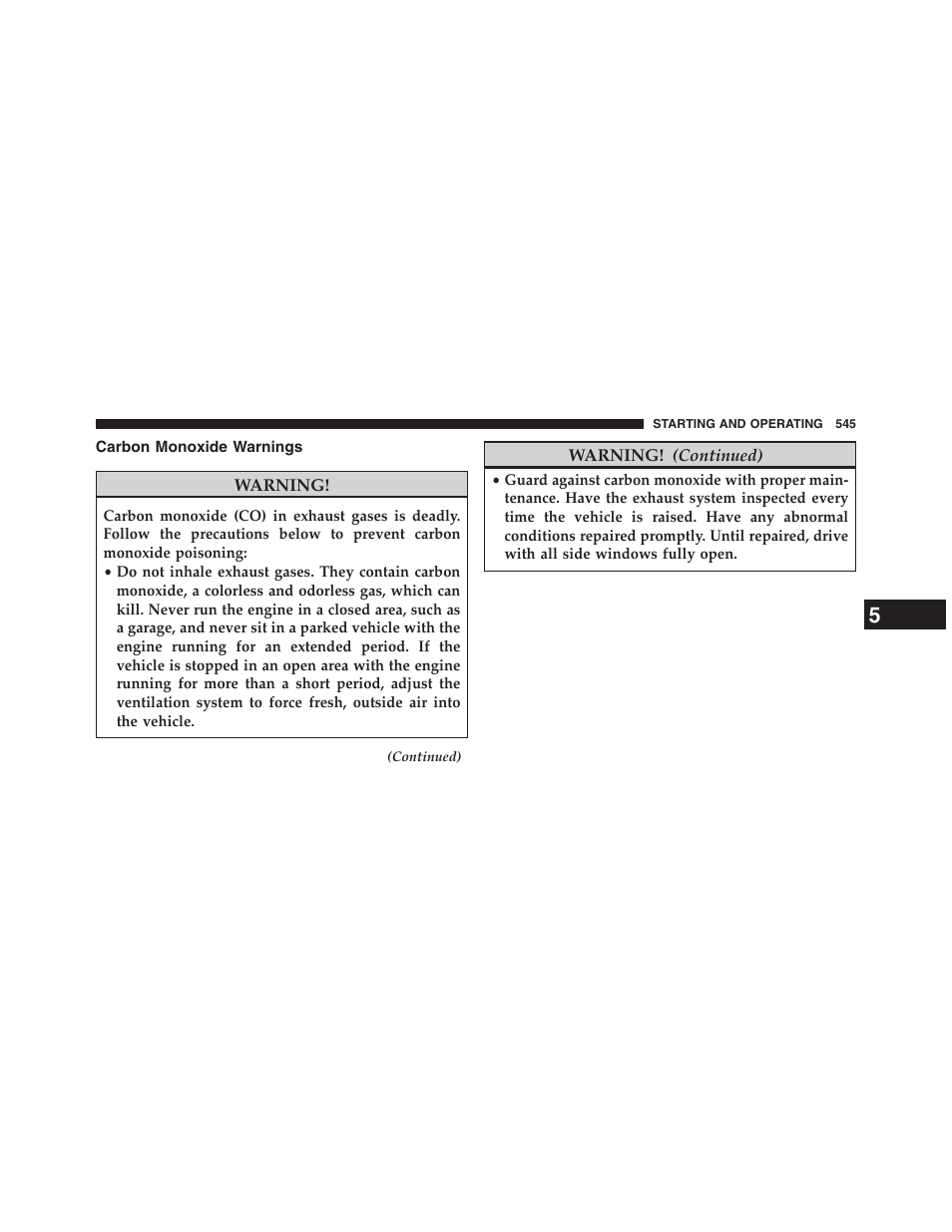 Carbon monoxide warnings | Jeep 2013 Grand Cherokee - Owner Manual User Manual | Page 547 / 704