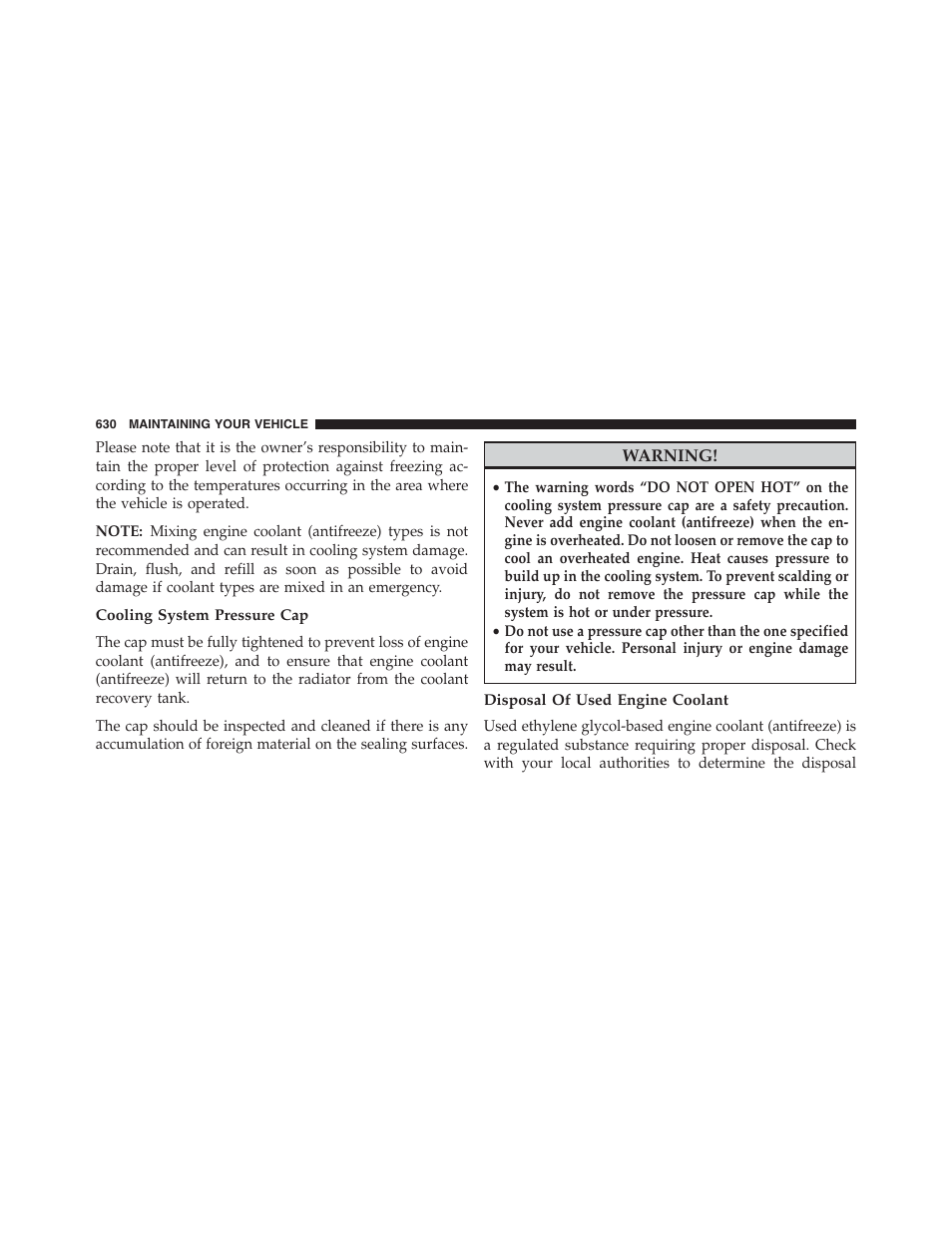 Cooling system pressure cap, Disposal of used engine coolant | Jeep 2013 Grand Cherokee - Owner Manual User Manual | Page 632 / 704