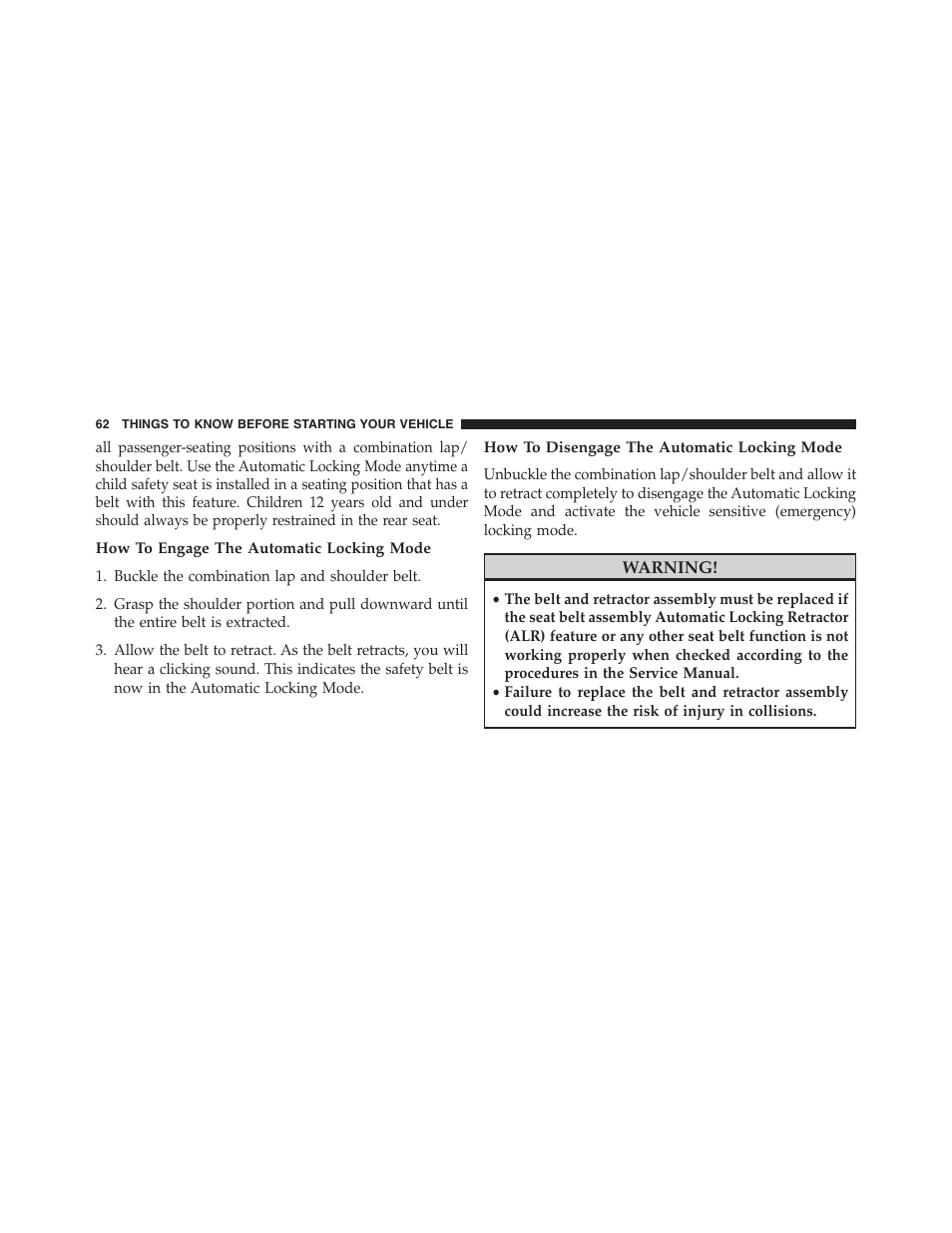 How to engage the automatic locking mode, How to disengage the automatic locking mode | Jeep 2013 Grand Cherokee - Owner Manual User Manual | Page 64 / 704