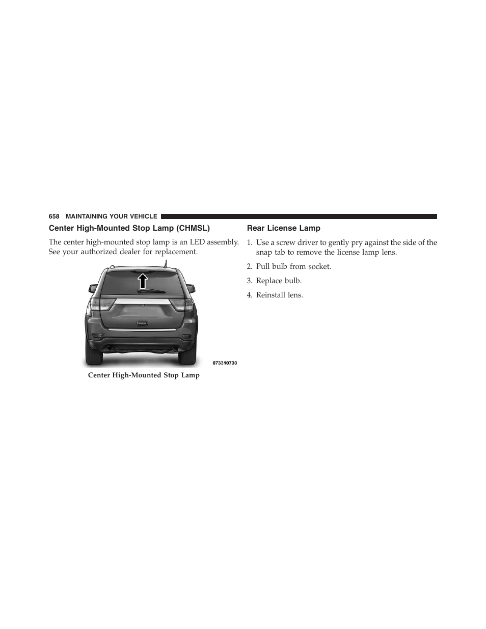 Center high-mounted stop lamp (chmsl), Rear license lamp | Jeep 2013 Grand Cherokee - Owner Manual User Manual | Page 660 / 704