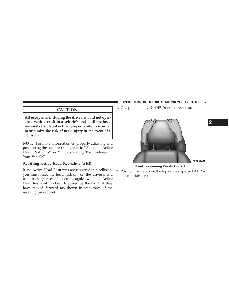 Resetting active head restraints (ahr) | Jeep 2013 Grand Cherokee - Owner Manual User Manual | Page 67 / 704