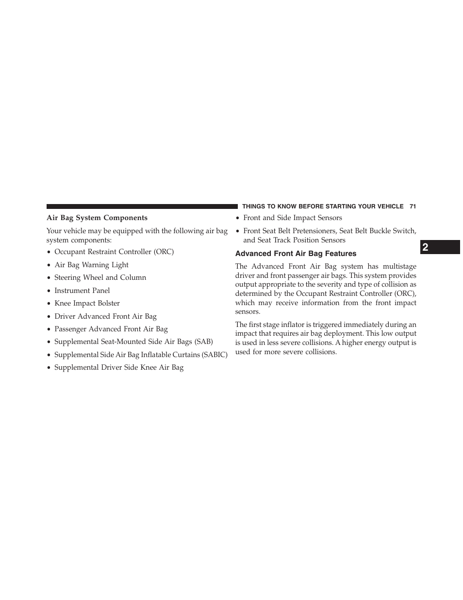 Air bag system components, Advanced front air bag features | Jeep 2013 Grand Cherokee - Owner Manual User Manual | Page 73 / 704