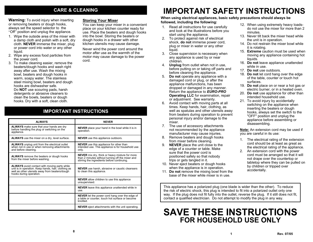 Save these instructions, Important safety instructions, For household use only | Care & cleaning, Important instructions | Bravetti PLATINUM PRO EP595H User Manual | Page 3 / 6