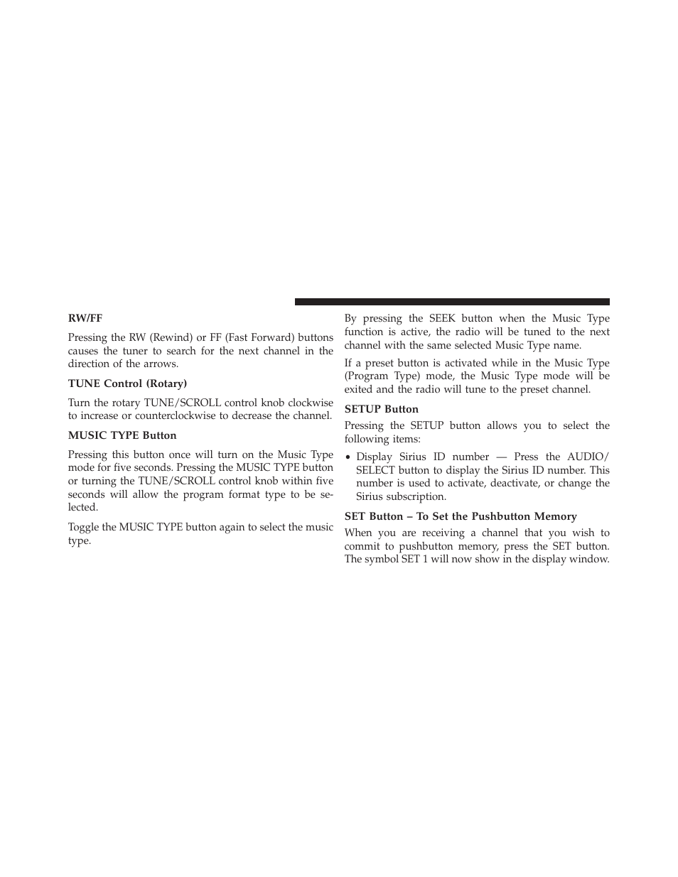 Rw/ff, Tune control (rotary), Music type button | Setup button, Set button – to set the pushbutton memory | Jeep 2013 Patriot - Owner Manual User Manual | Page 260 / 525