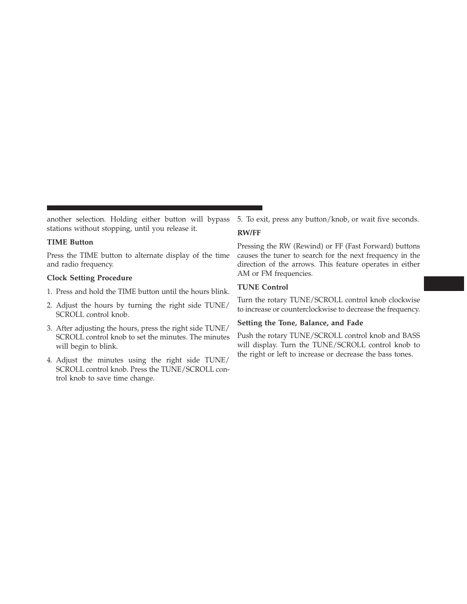 Time button, Clock setting procedure, Rw/ff | Tune control, Setting the tone, balance, and fade | Jeep 2013 Patriot - Owner Manual User Manual | Page 263 / 525