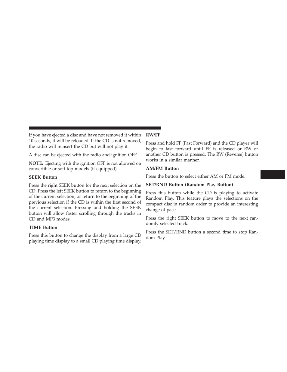 Seek button, Time button, Rw/ff | Am/fm button, Set/rnd button (random play button) | Jeep 2013 Patriot - Owner Manual User Manual | Page 279 / 525