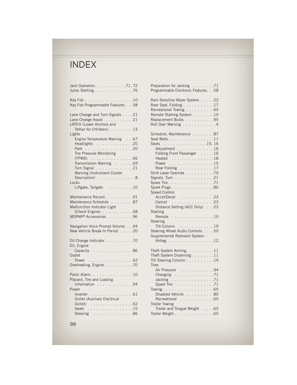 Index | Jeep 2013 Patriot - User Guide User Manual | Page 100 / 108