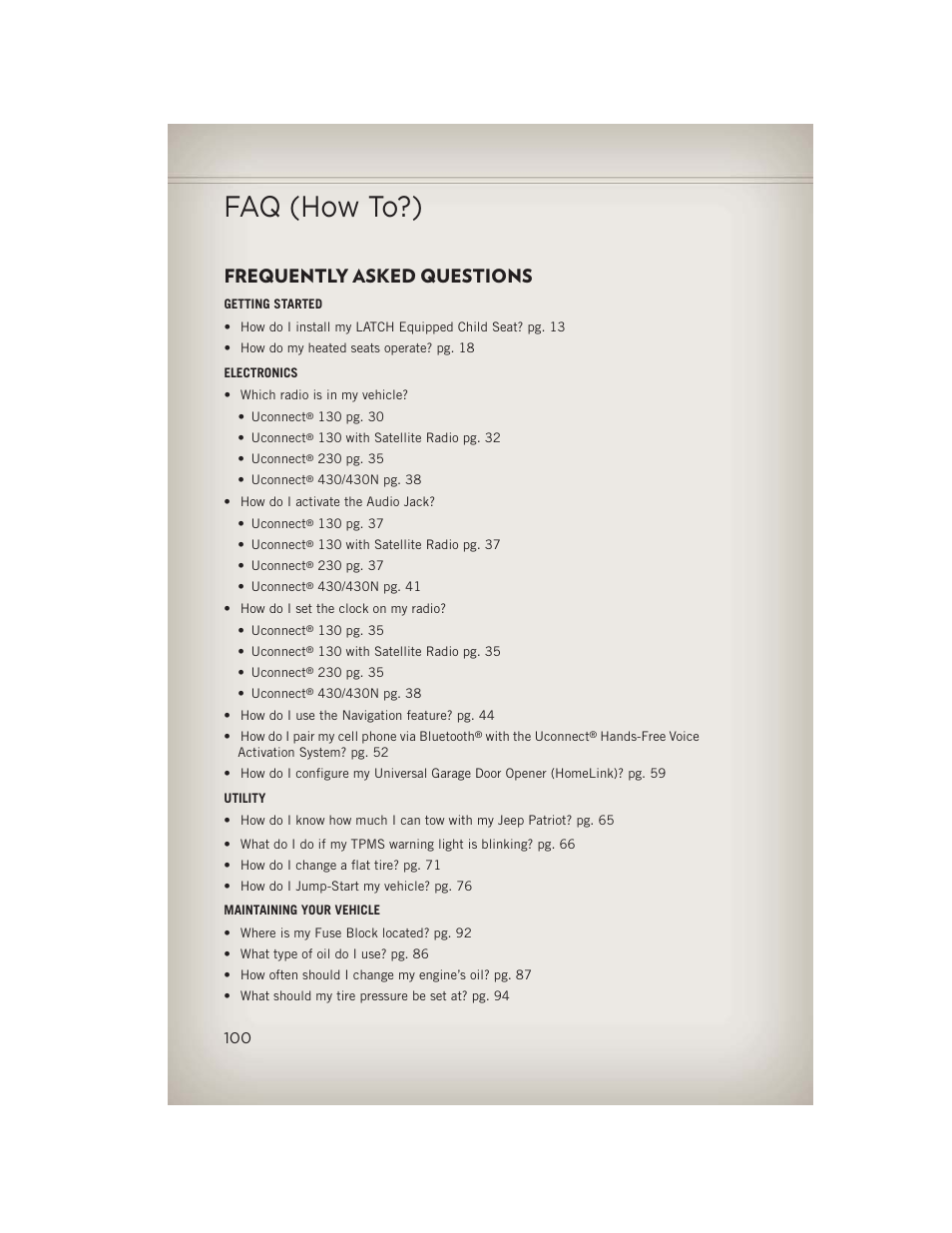 Faq (how to?), Frequently asked questions | Jeep 2013 Patriot - User Guide User Manual | Page 102 / 108