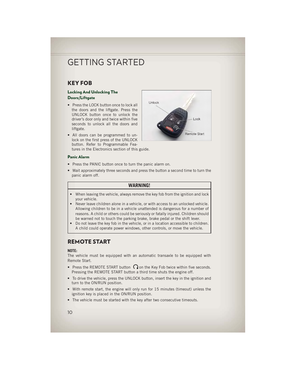 Getting started, Key fob, Locking and unlocking the doors/liftgate | Panic alarm, Remote start, Warning | Jeep 2013 Patriot - User Guide User Manual | Page 12 / 108
