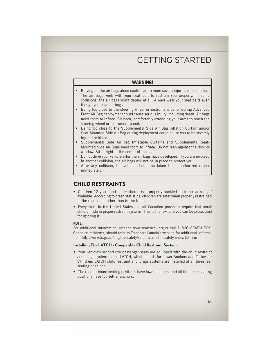Child restraints, Getting started | Jeep 2013 Patriot - User Guide User Manual | Page 15 / 108