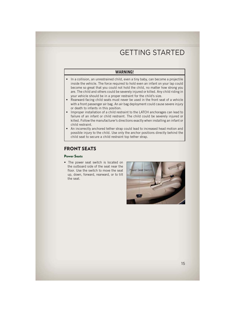 Front seats, Power seats, Getting started | Jeep 2013 Patriot - User Guide User Manual | Page 17 / 108