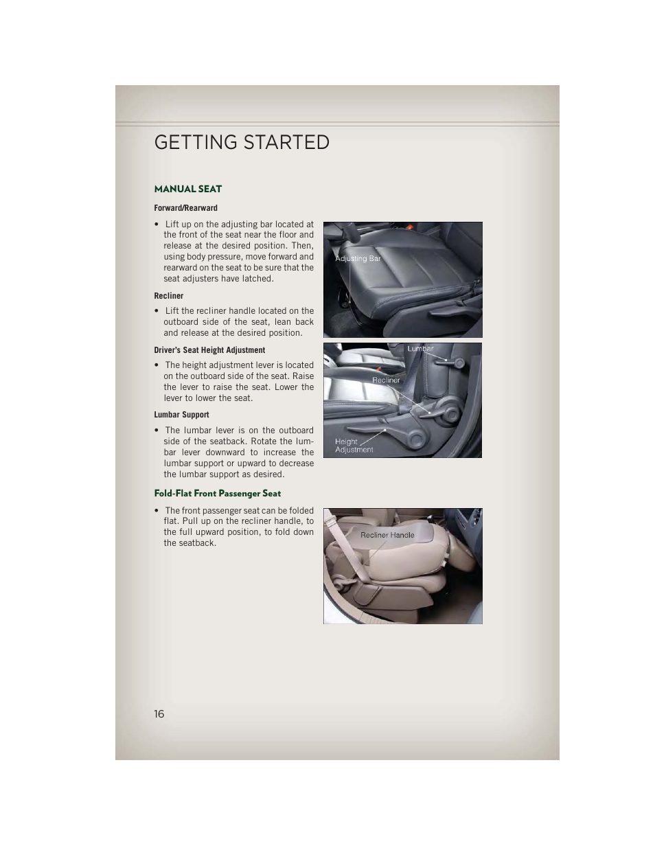 Manual seat, Fold-flat front passenger seat, Getting started | Jeep 2013 Patriot - User Guide User Manual | Page 18 / 108