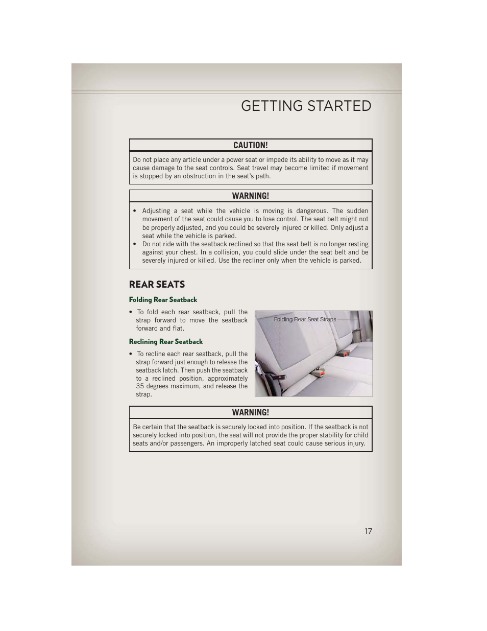 Rear seats, Folding rear seatback, Reclining rear seatback | Getting started | Jeep 2013 Patriot - User Guide User Manual | Page 19 / 108