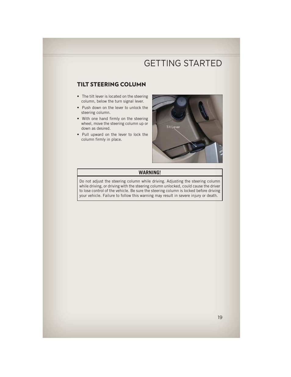 Tilt steering column, Getting started | Jeep 2013 Patriot - User Guide User Manual | Page 21 / 108