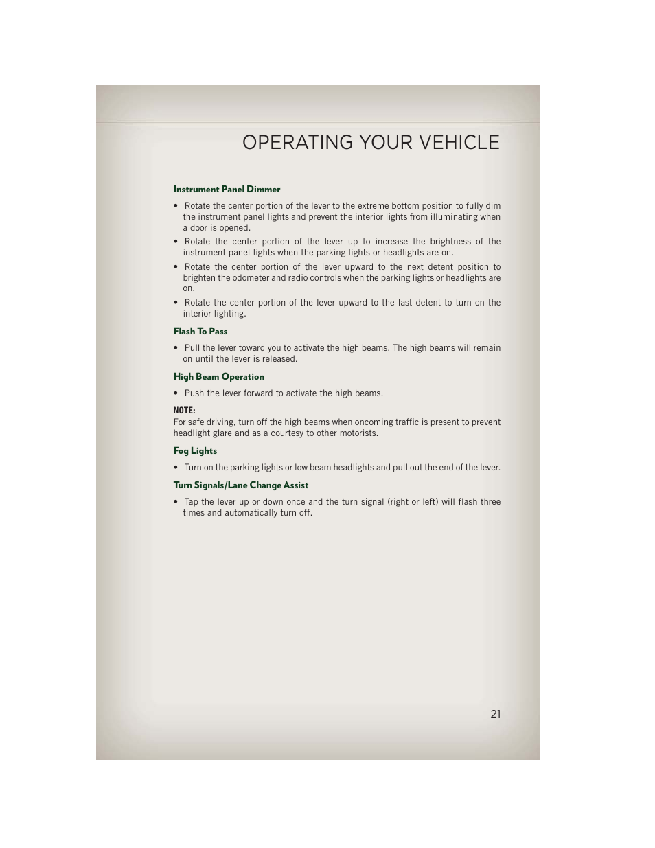 Instrument panel dimmer, Flash to pass, High beam operation | Fog lights, Turn signals/lane change assist, Operating your vehicle | Jeep 2013 Patriot - User Guide User Manual | Page 23 / 108
