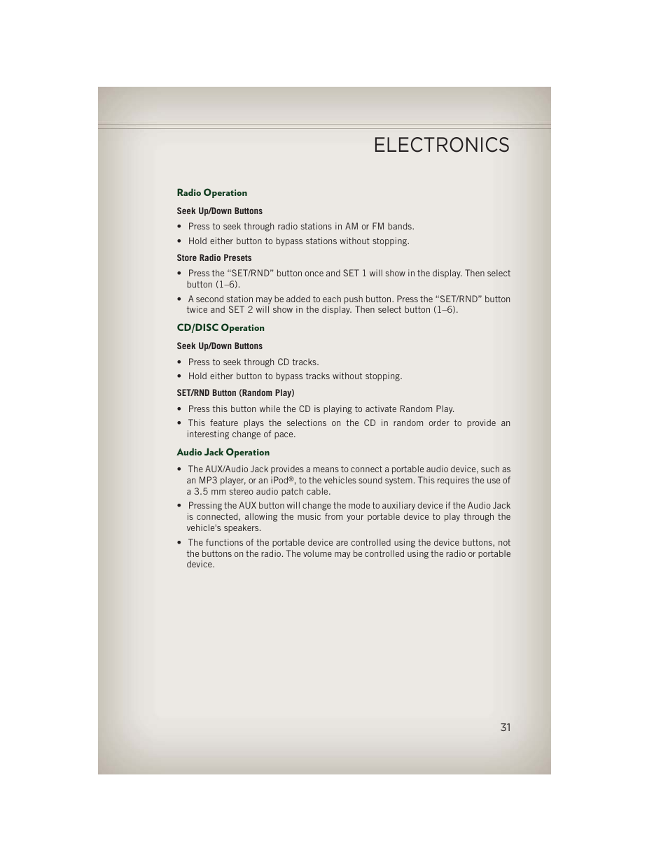 Radio operation, Cd/disc operation, Audio jack operation | Electronics | Jeep 2013 Patriot - User Guide User Manual | Page 33 / 108