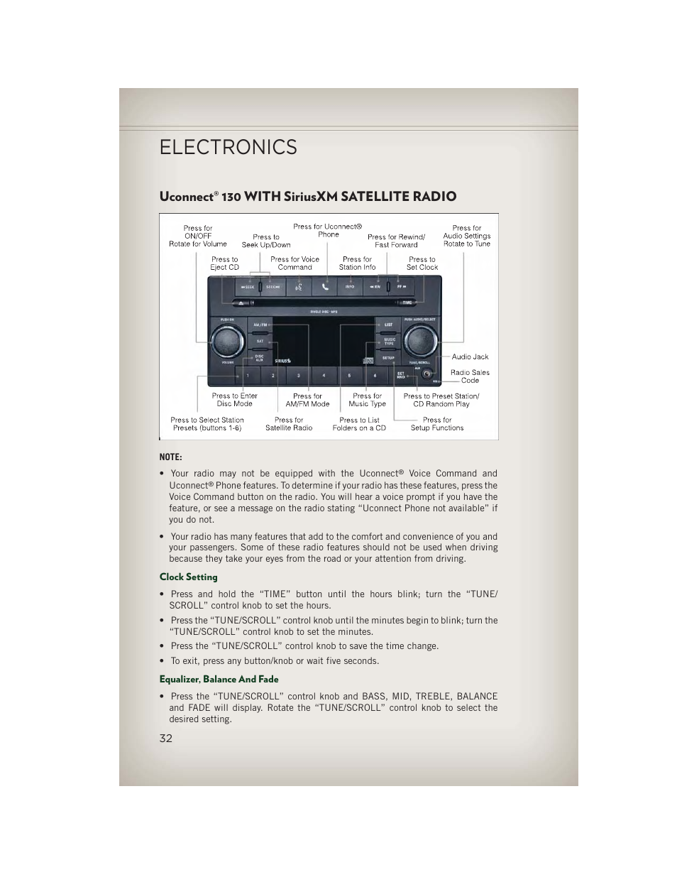 Uconnect® 130 with siriusxm satellite radio, Clock setting, Equalizer, balance and fade | Uconnect, 130 with, Siriusxm satellite radio, Electronics | Jeep 2013 Patriot - User Guide User Manual | Page 34 / 108
