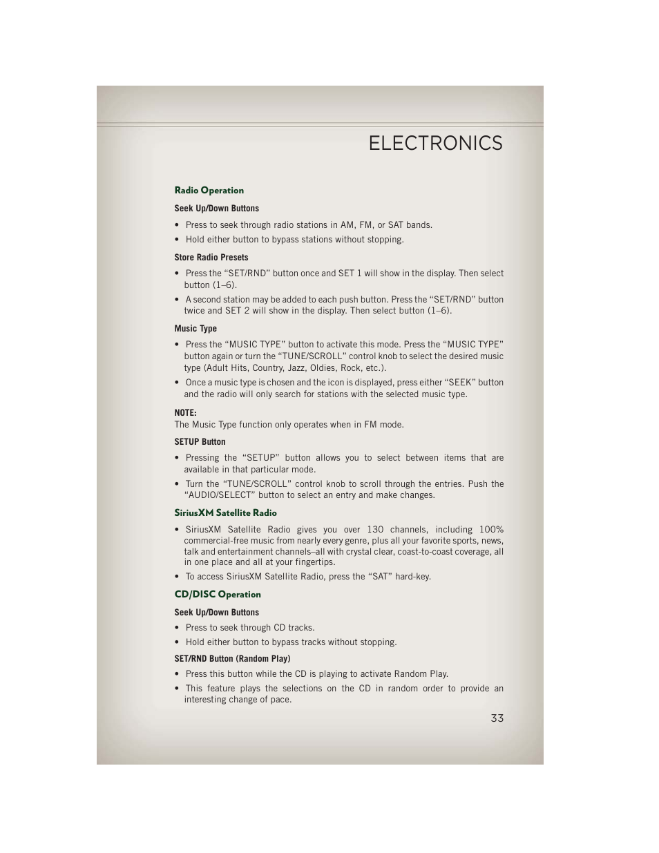 Radio operation, Siriusxm satellite radio, Cd/disc operation | Electronics | Jeep 2013 Patriot - User Guide User Manual | Page 35 / 108
