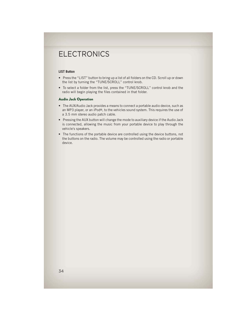 Audio jack operation, Electronics | Jeep 2013 Patriot - User Guide User Manual | Page 36 / 108