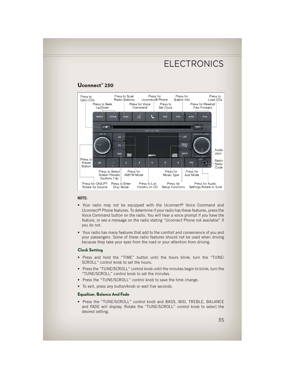 Uconnect® 230, Clock setting, Equalizer, balance and fade | Uconnect, Electronics | Jeep 2013 Patriot - User Guide User Manual | Page 37 / 108