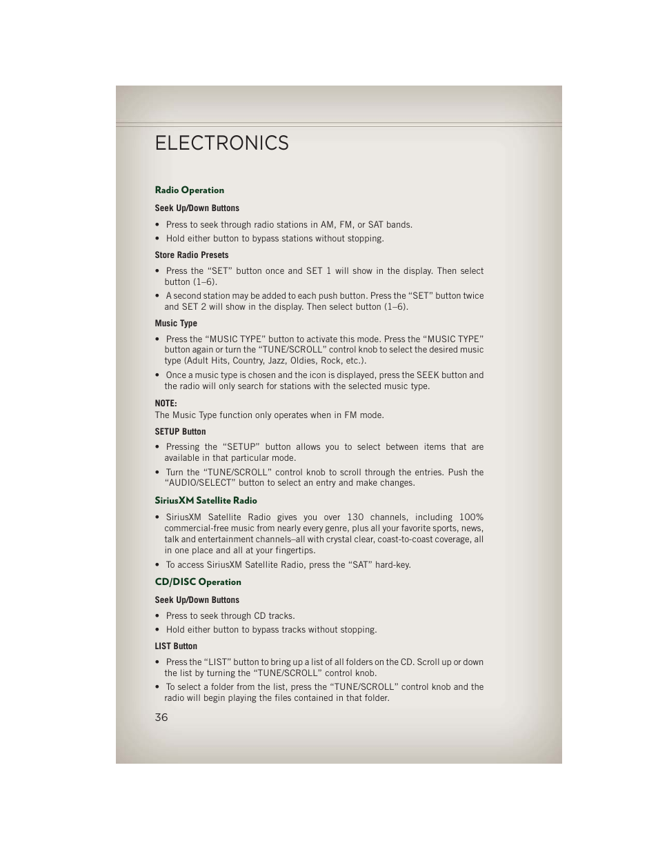 Radio operation, Siriusxm satellite radio, Cd/disc operation | Electronics | Jeep 2013 Patriot - User Guide User Manual | Page 38 / 108