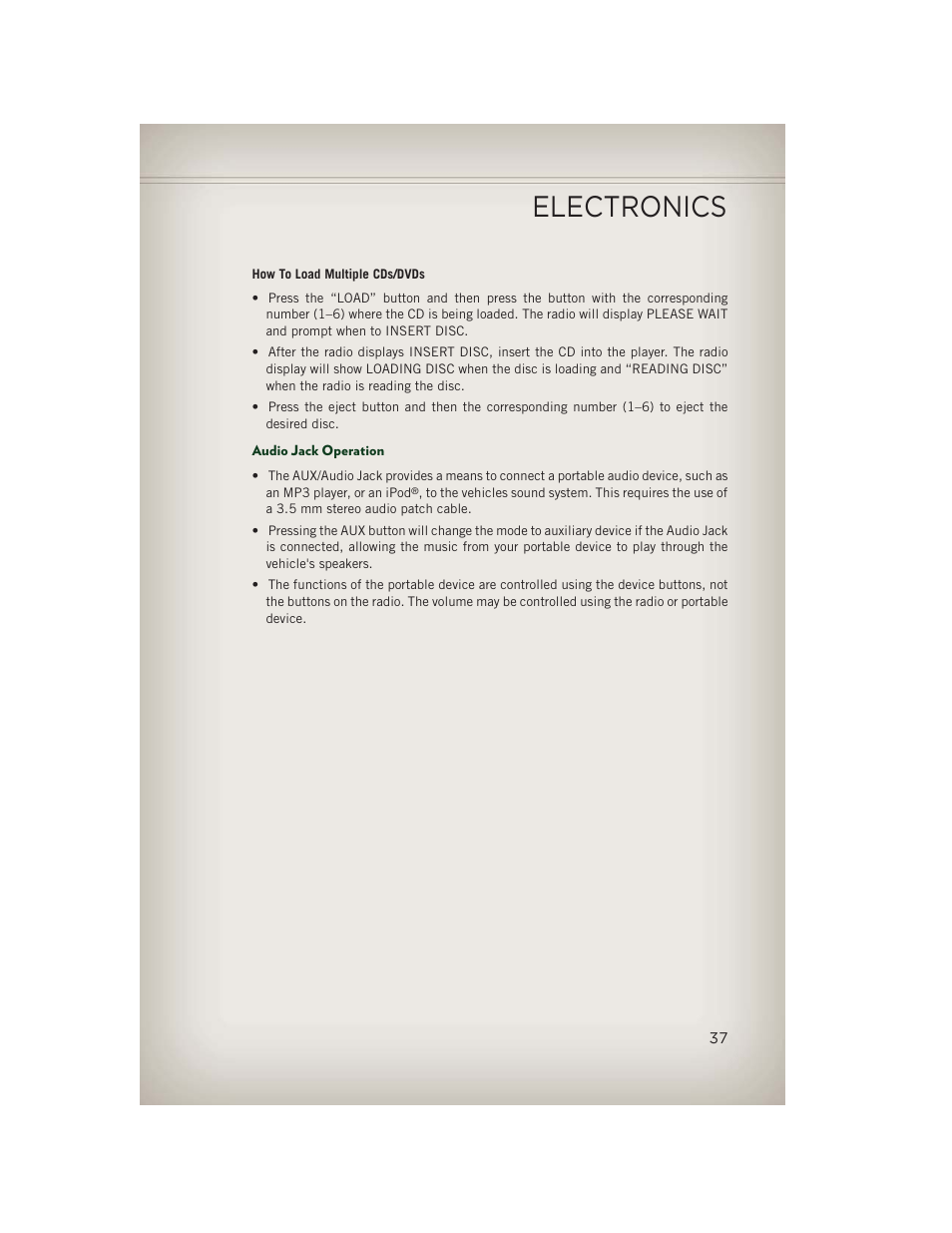 Audio jack operation, Electronics | Jeep 2013 Patriot - User Guide User Manual | Page 39 / 108