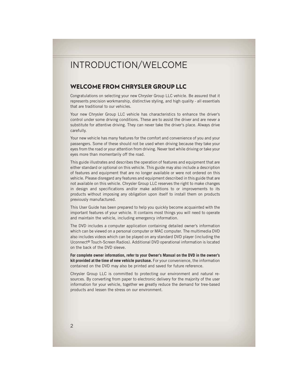Introduction/welcome, Welcome from chrysler group llc | Jeep 2013 Patriot - User Guide User Manual | Page 4 / 108
