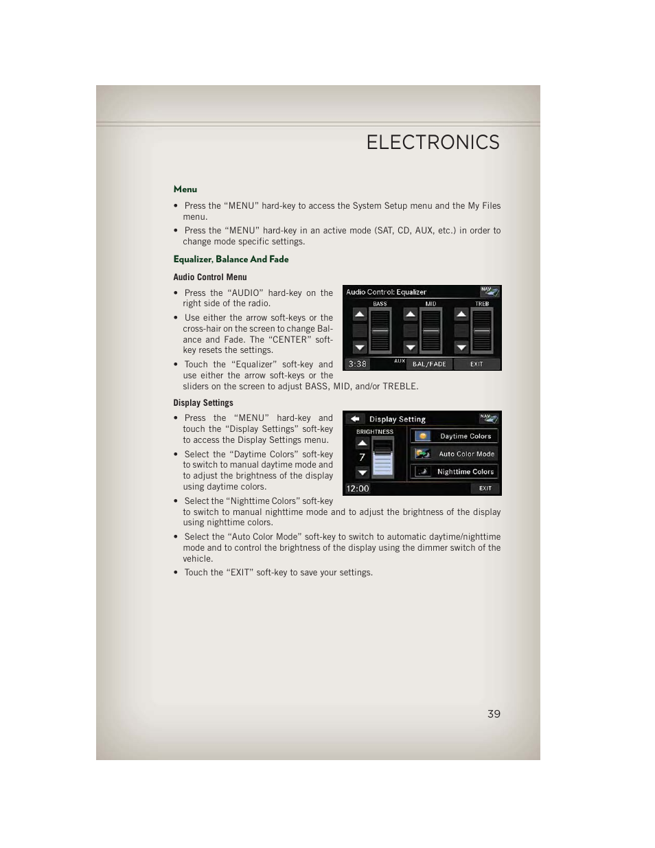Menu, Equalizer, balance and fade, Electronics | Jeep 2013 Patriot - User Guide User Manual | Page 41 / 108