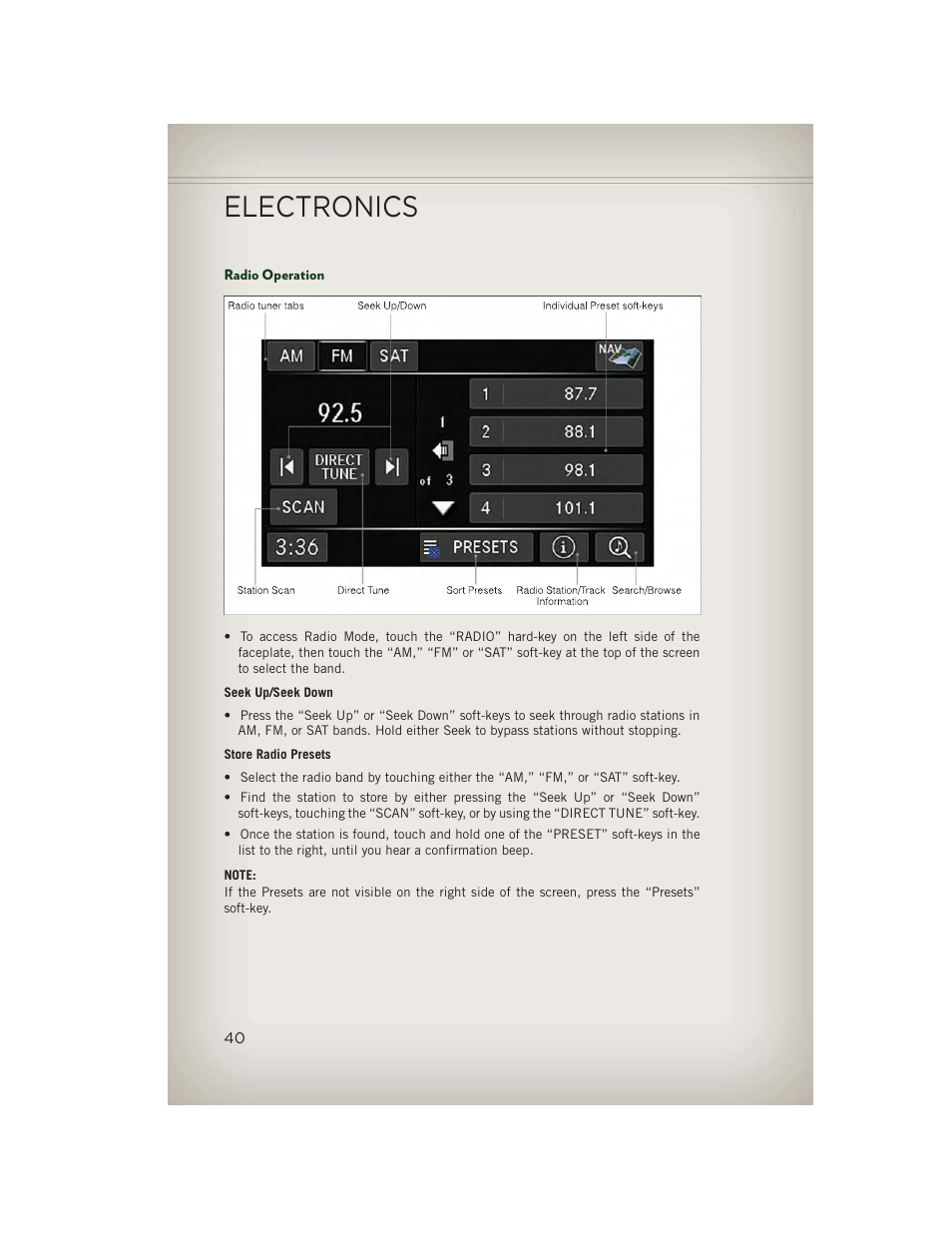 Radio operation, Electronics | Jeep 2013 Patriot - User Guide User Manual | Page 42 / 108