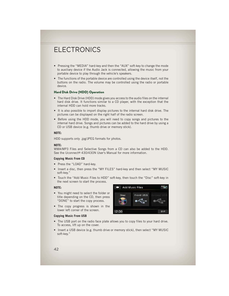 Hard disk drive (hdd) operation, Electronics | Jeep 2013 Patriot - User Guide User Manual | Page 44 / 108