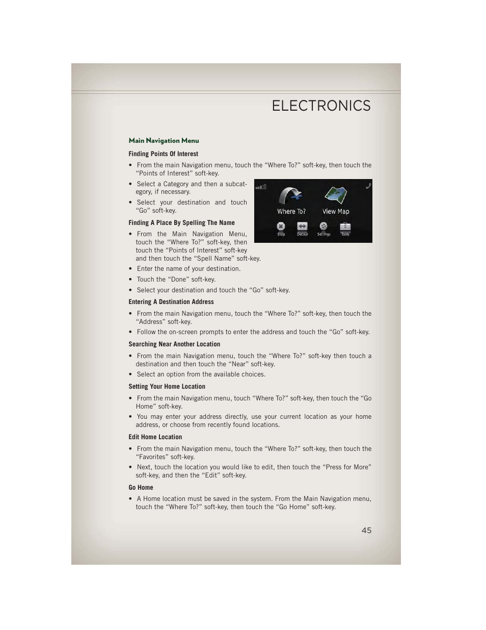 Main navigation menu, Electronics | Jeep 2013 Patriot - User Guide User Manual | Page 47 / 108
