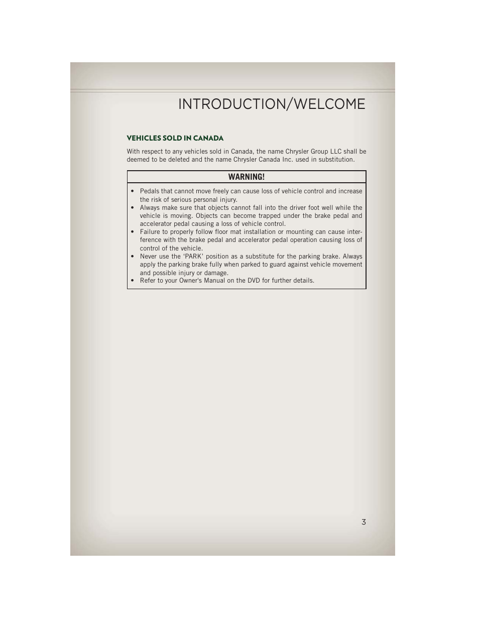 Vehicles sold in canada, Introduction/welcome | Jeep 2013 Patriot - User Guide User Manual | Page 5 / 108
