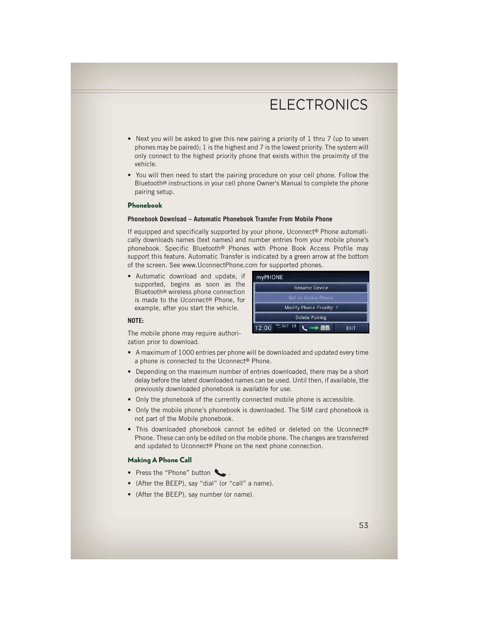 Phonebook, Making a phone call, Electronics | Jeep 2013 Patriot - User Guide User Manual | Page 55 / 108