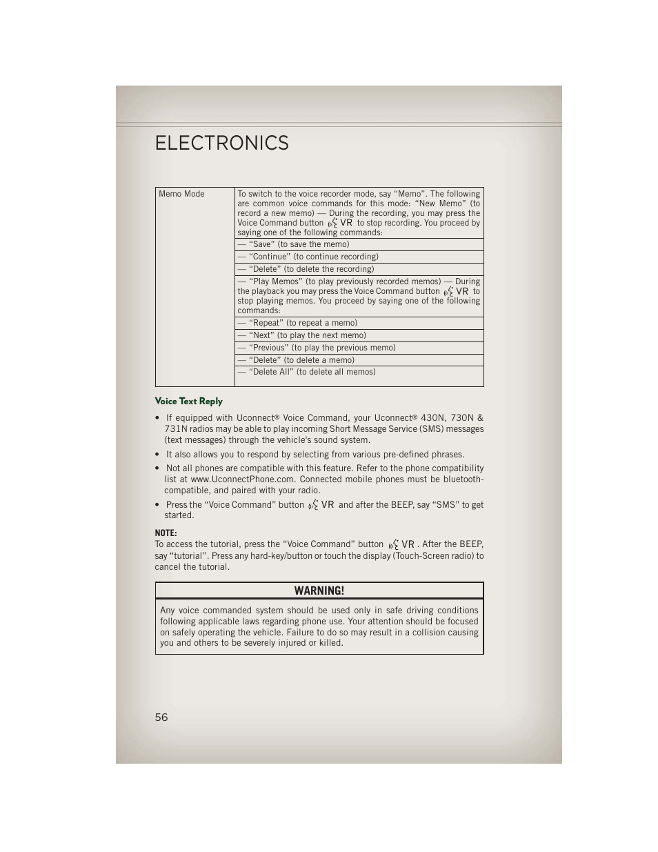 Voice text reply, Electronics, Warning | Jeep 2013 Patriot - User Guide User Manual | Page 58 / 108