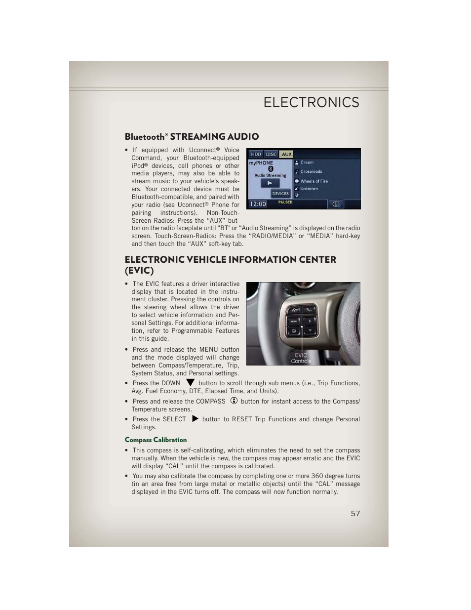 Bluetooth® streaming audio, Electronic vehicle information center (evic), Compass calibration | Bluetooth, Streaming audio, Electronics | Jeep 2013 Patriot - User Guide User Manual | Page 59 / 108