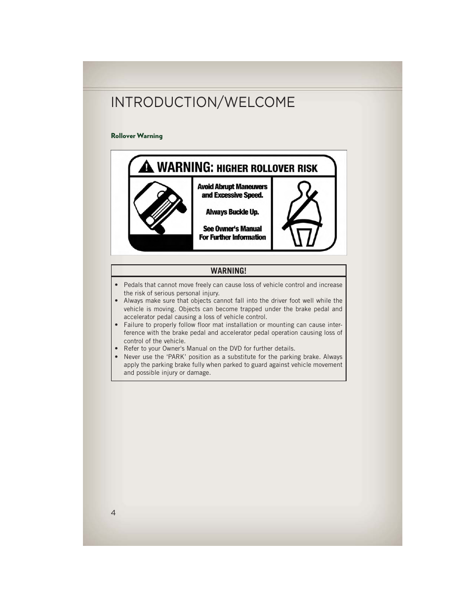 Rollover warning, Introduction/welcome | Jeep 2013 Patriot - User Guide User Manual | Page 6 / 108